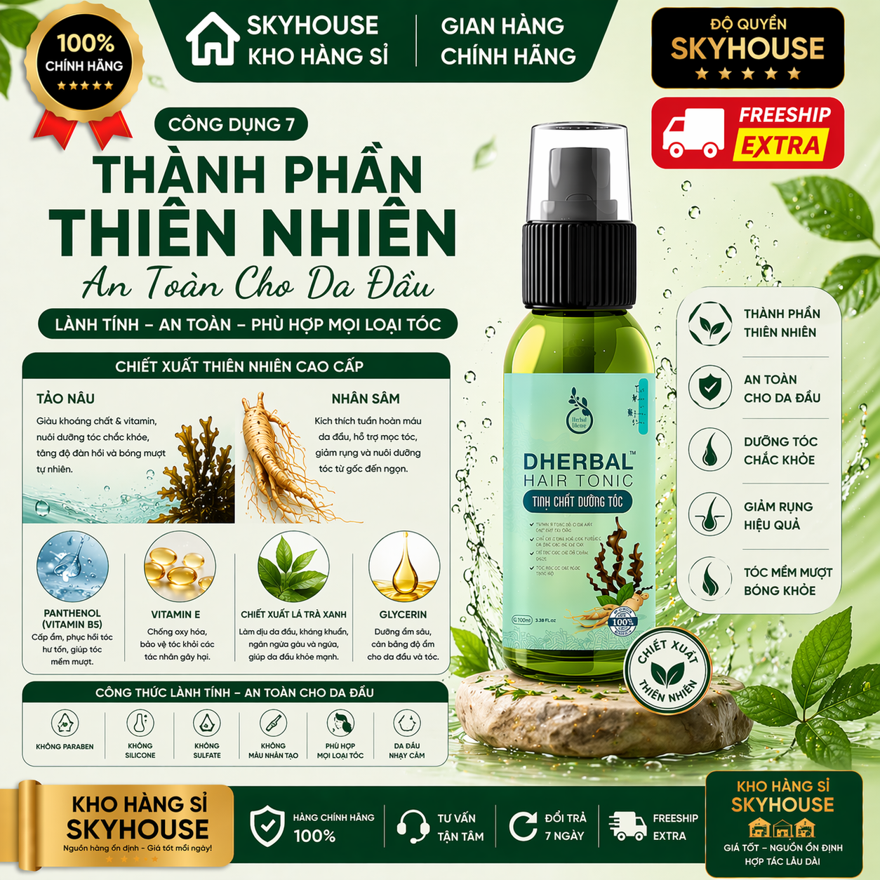 Tinh chất dưỡng tóc thảo dược thiên nhiên chiết xuất tảo nâu nhân sâm độc quyền DHERBAL chai 100ml tinh chất mọc tóc chính hãng
