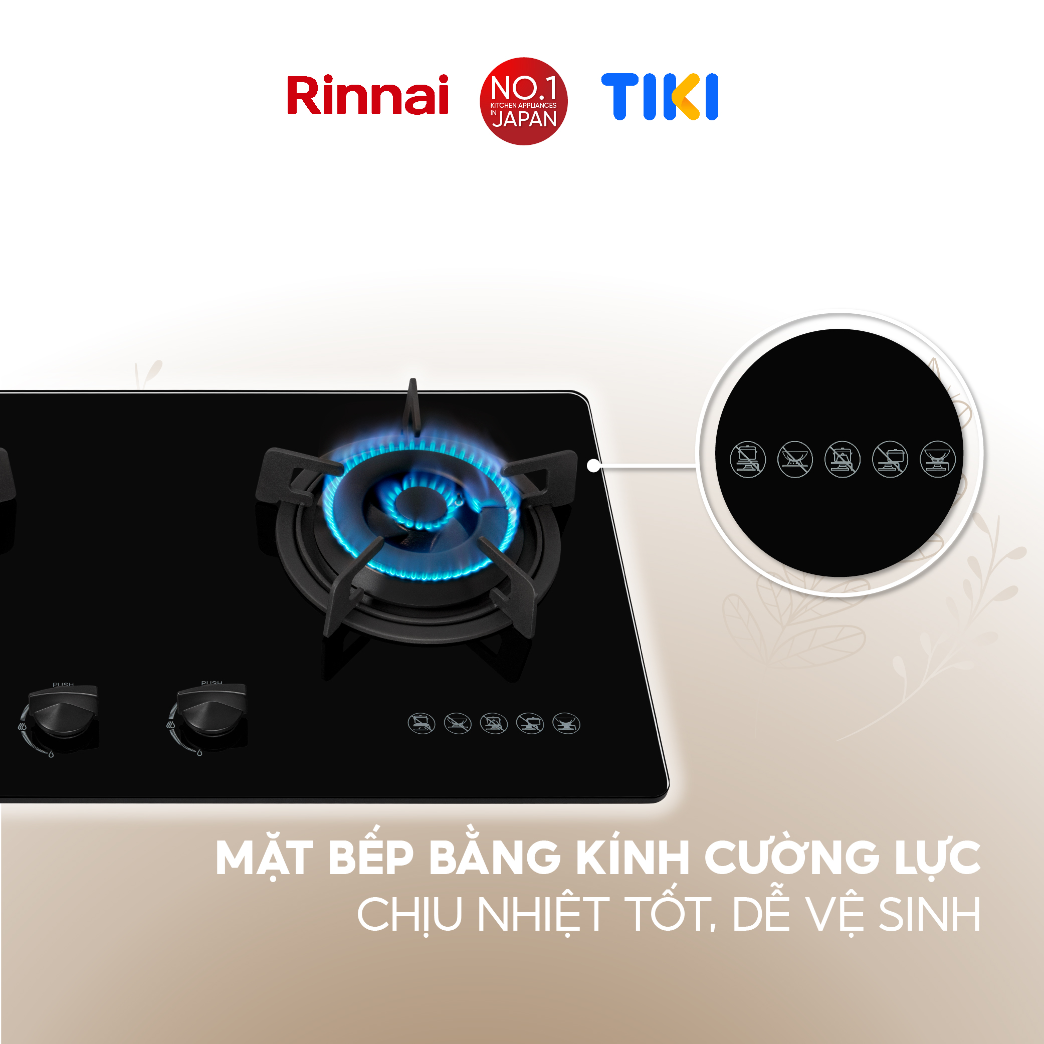 Bếp gas âm Rinnai RVB-220G(B) mặt bếp kính và kiềng bếp gang - Hàng chính hãng.