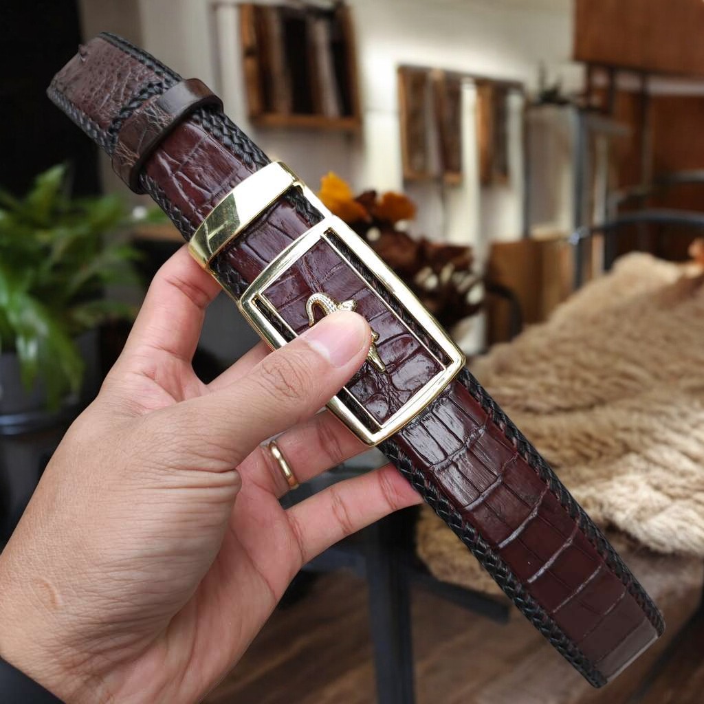 Thắt lưng da cá sấu nam đan viền thủ công rất đẹp! N53N_V (mặt vàng)