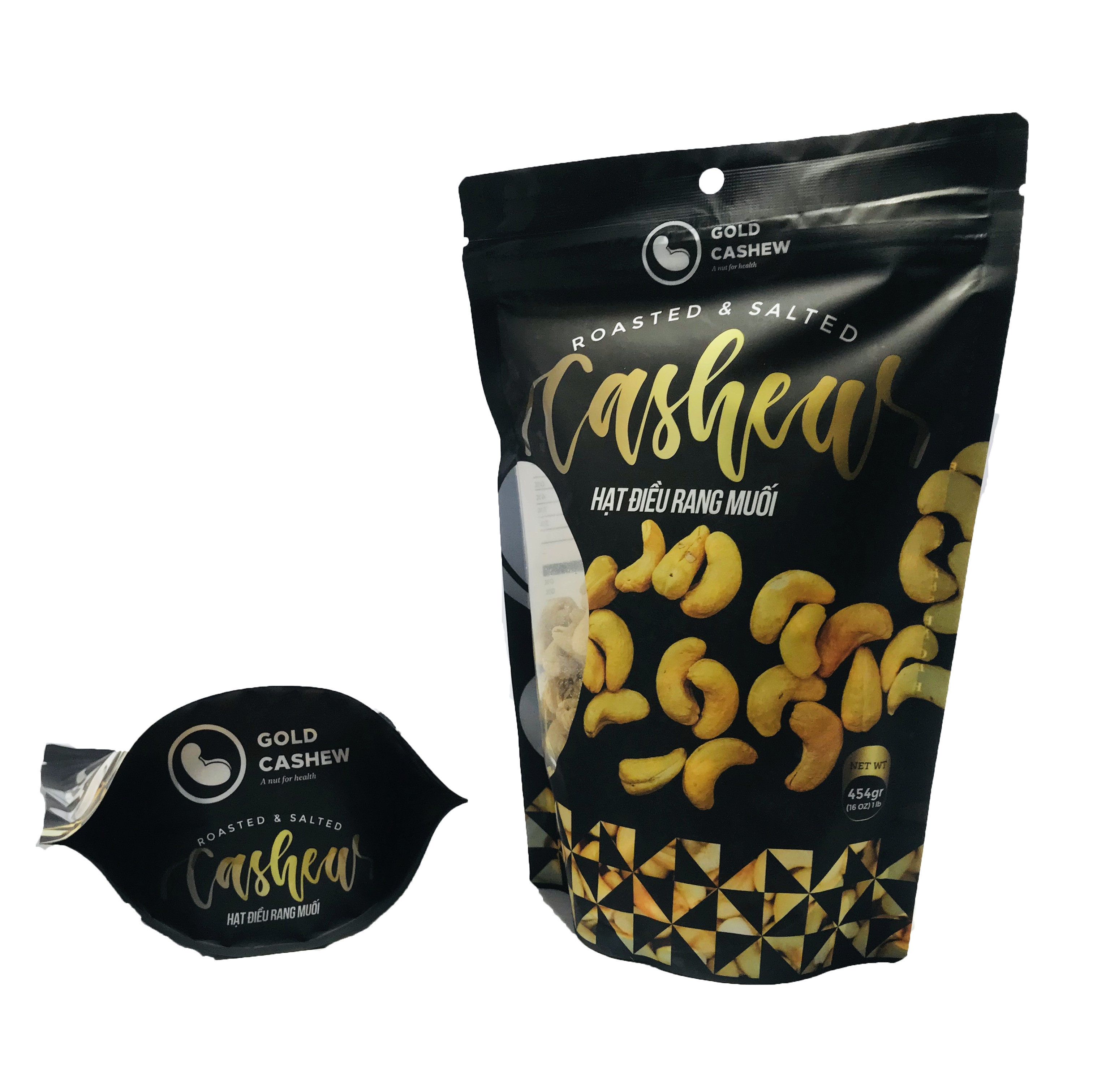 Hạt Điều Rang Muối Cao Cấp Gold Cashew (Gói 454g) - Premium Roasted &amp; Salted Cashew, Chuẩn hạt điều size WW240, Công nghệ rang không dầu và muối tinh thể, Không chất bảo quản, Không Cholesterol