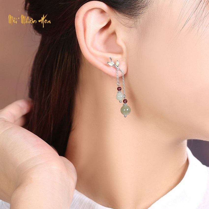 BT257 Bông Tai Đốt Trúc May Mắn Kết Hạt Ngọc Bích Và Hông Lựu