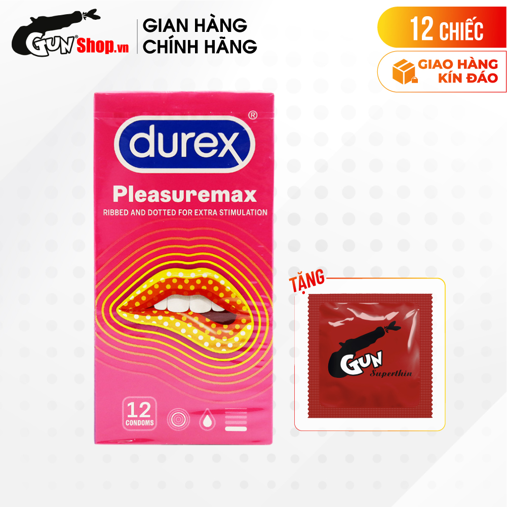 [Hộp 12 cái] Bao cao su Durex Pleasuremax - Size lớn 56mm, gân và điểm nổi kèm 1 chiếc BCS Gun Super Thin