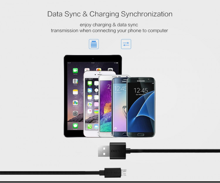 Dây cáp sạc Micro USB hiệu CHOETECH S-MT009 (sạc nhanh 2.4A, chất liệu cao cấp, chip sạc thông minh, dài 100CM) - Hàng chính hãng