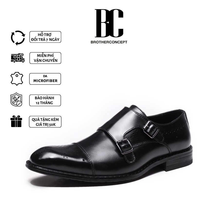 Giày Tây Quý Ông, Giày Tây Thanh Lịch - Monkstrap 2 Black - Da Bò Thật, Không Dây, Đế Gỗ