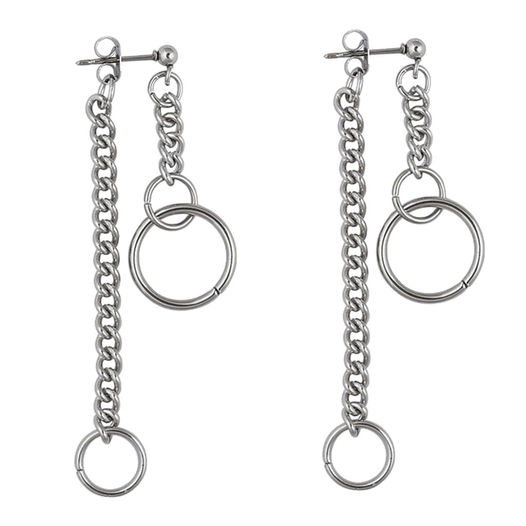 1 Pair Long Chain Tassel Hoop Drop Dangle Silver Color Ear Stud Earrings
