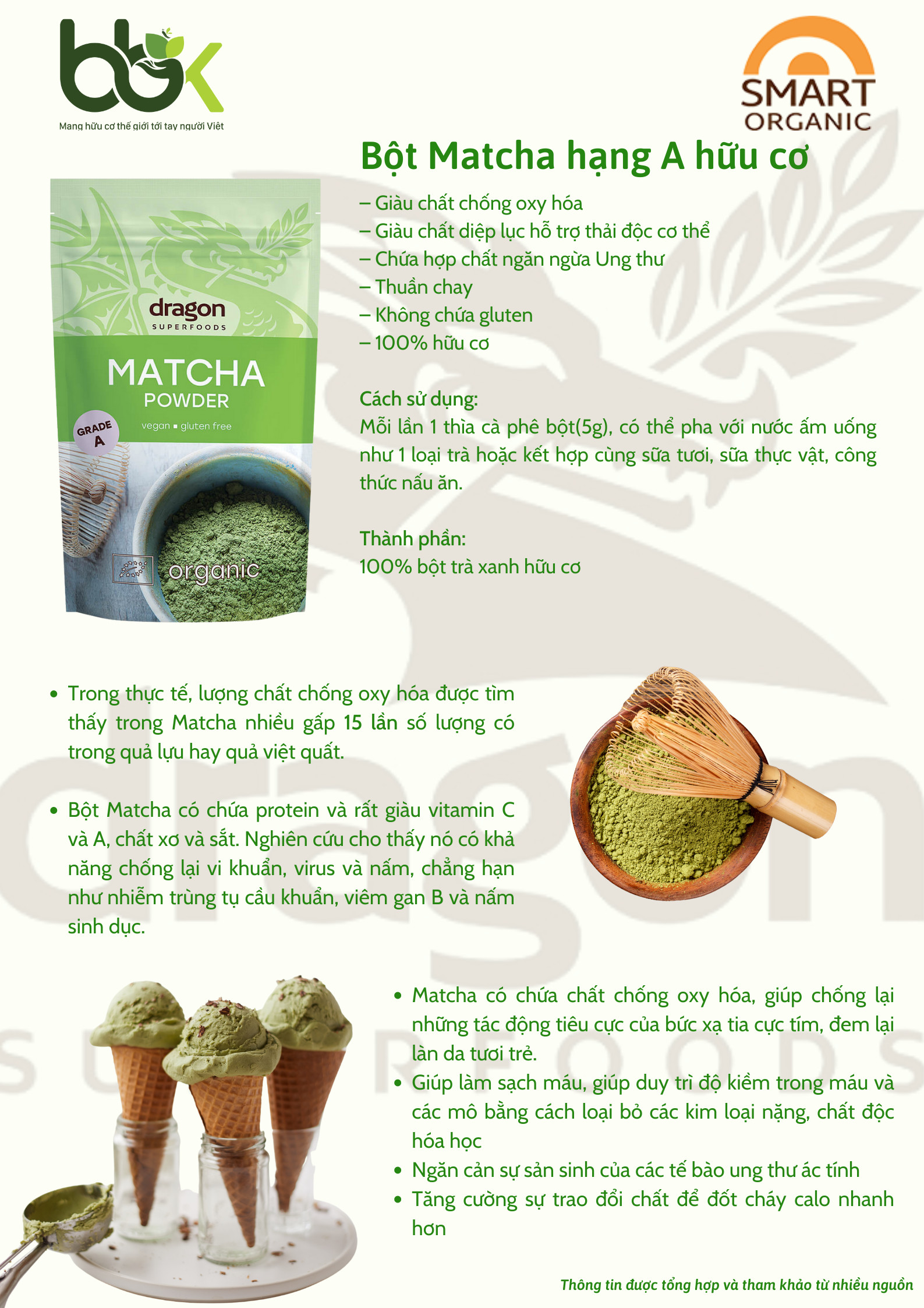 Bột trà xanh Matcha hạng A Dragon Superfoods 100gr