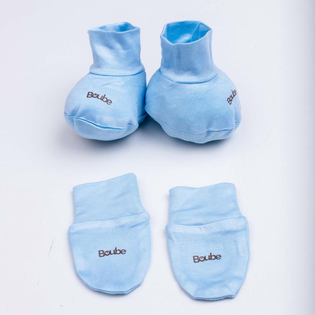 Set phụ kiện sơ sinh Mũ + Bao tay + Bao chân hoạ tiết, xanh, ghi Boube - Chất liệu Petit mềm mại thoáng mát-Size Newborn