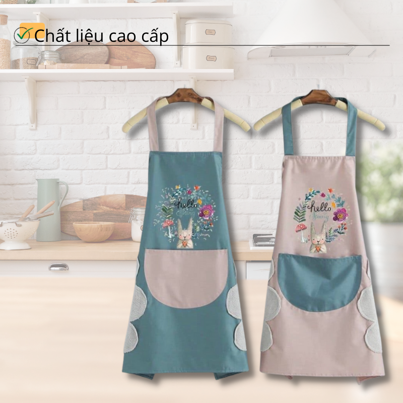 Tạp dề họa tiết thỏ xinh chống thấm nước, có tay lau tay tiện dụng