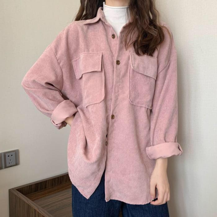 Áo Sơ Mi Nhung Tăm Gân 2 Túi Nút Bấm Form Rộng Unisex Nam Nữ Style Hàn Quốc Ulzzang KUN