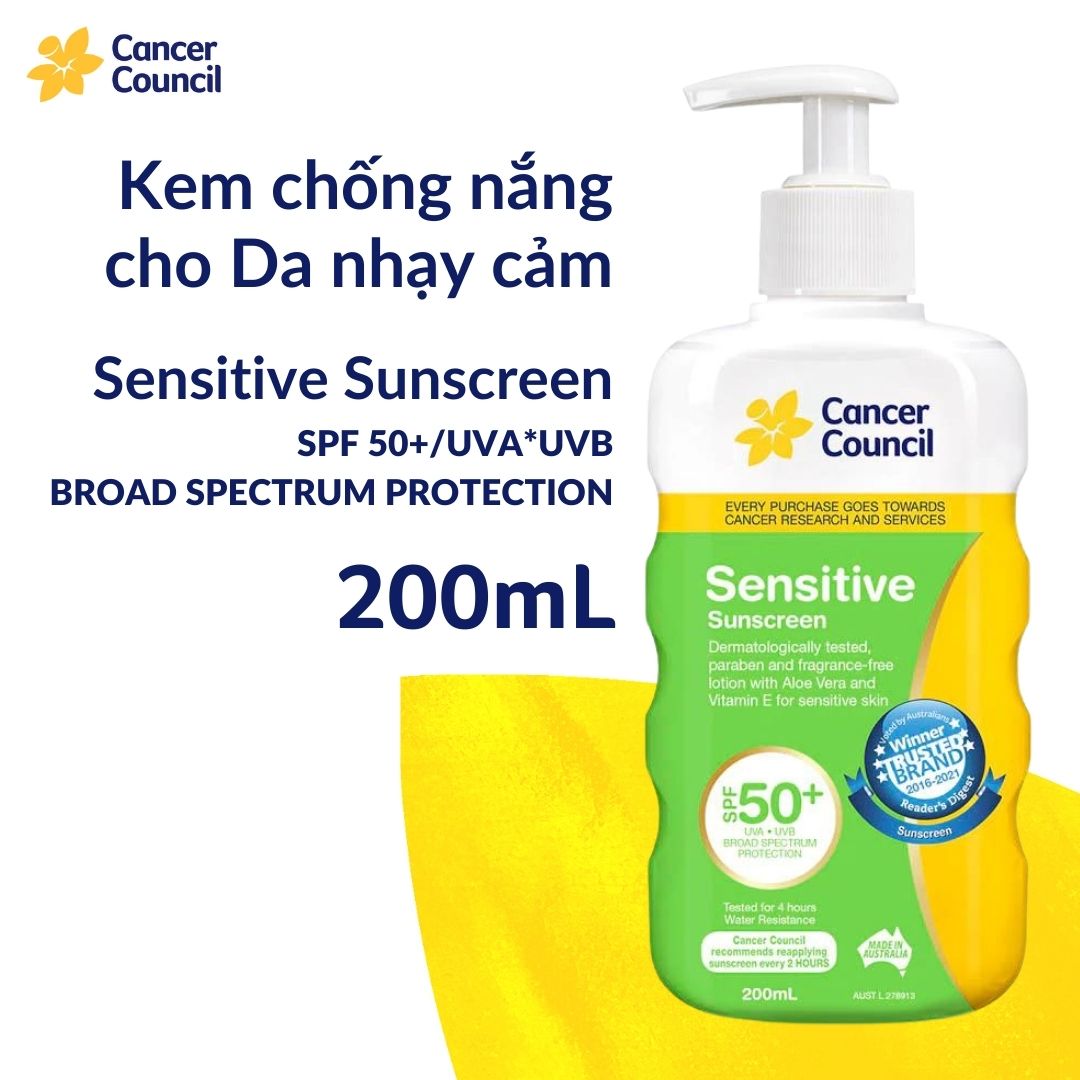 Kem chống nắng dành cho da nhạy cảm Cancer Council Sensitive SPF50+/PA+++ 200ml