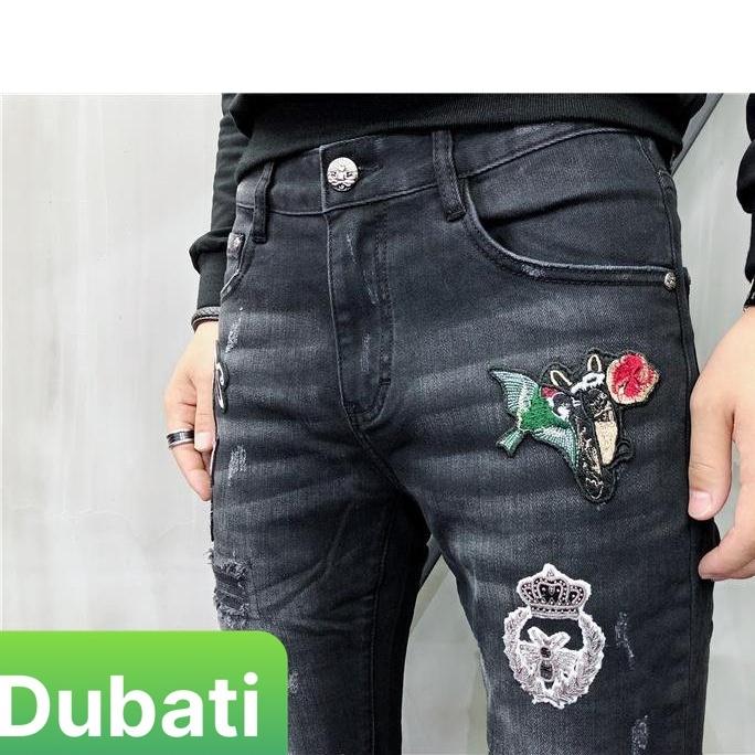 Quần Jeans Nam, Baggy Nam Chất Bò Đen Thêu Hình Đẹp Sắc Nét Cao Cấp- DB 450- DUBATI FASHION