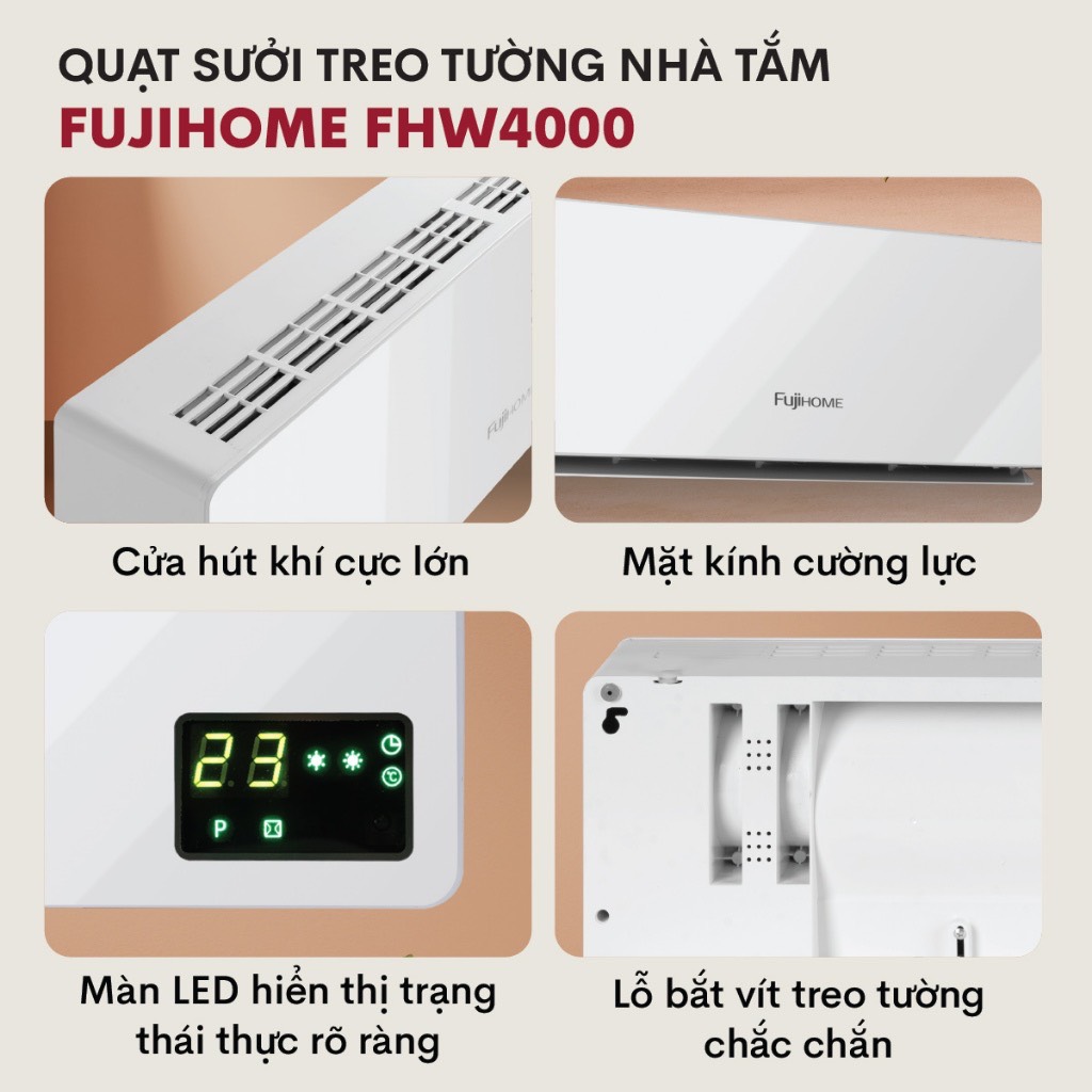 Máy sưởi điều hòa treo tường nhập khẩu FUJIHOME FHW4000 quạt sưởi ceramic không khô da, không đốt oxi, tiết kiệm điện - Hàng chính hãng