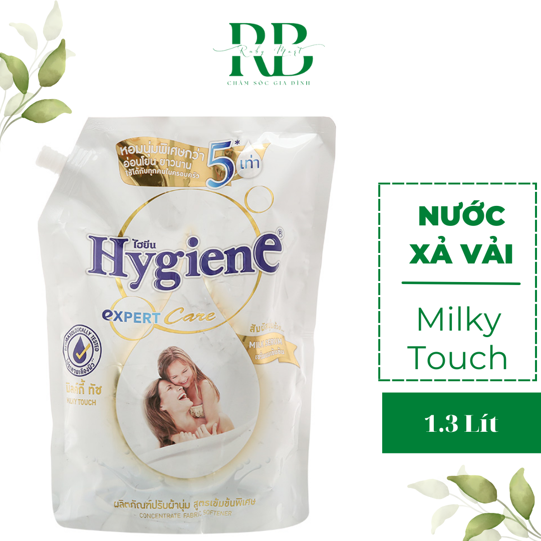 Nước Xả Vải Hygiene Trắng Đậm Đặc Milky Touch Túi 1.3 lít Dùng Cho Quần Áo Em Bé Thơm Lâu Mềm Vải Thái Lan