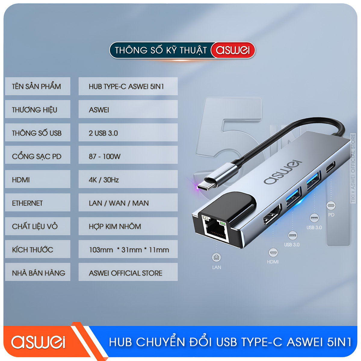 Hub Chuyển Đổi USB Type C ASWEI 5 in 1 - HDMI, USB 3.0, Lan, PD 100W Tốc Độ Cao - Hàng Chính Hãng