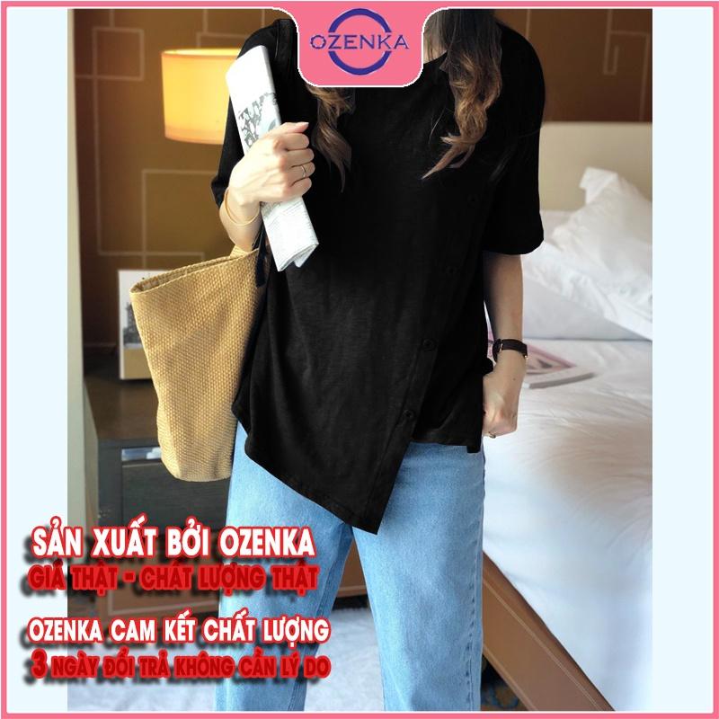 Áo thun rộng nữ tay ngắn cổ tròn sẻ tà, áo phông rộng phong cách hàn quốc 100% cotton màu đen trắng dưới 55 kg