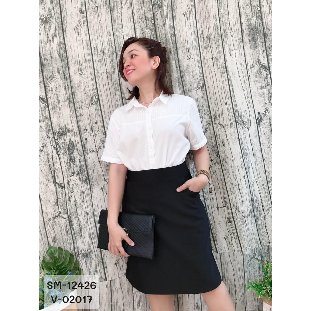 12426 Sơmi BIG SIZE tay ngắn trắng trơn - vai xếp li- Sơ mi công sở