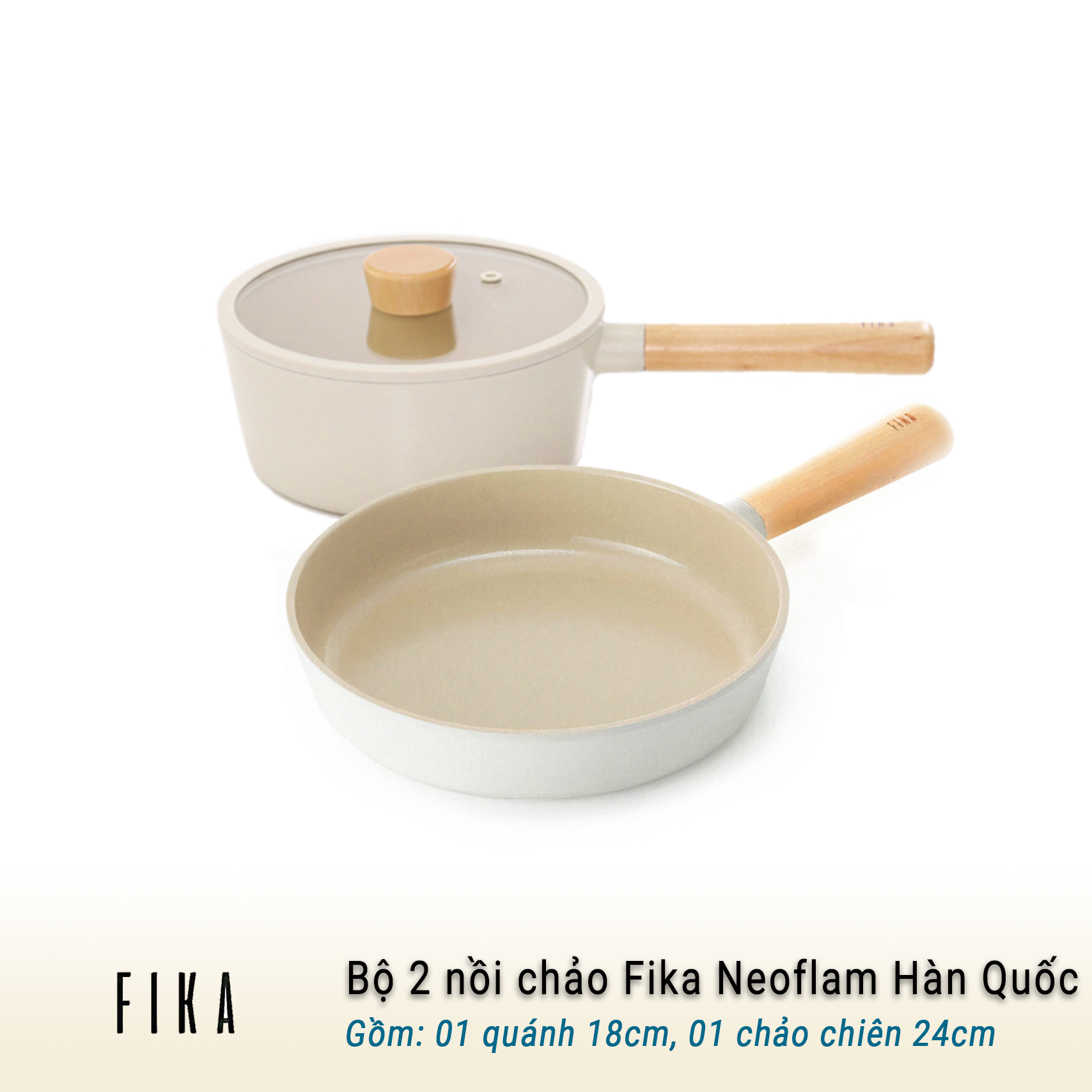 Bộ 2 nồi, chảo chống dính bếp từ FIKA NEOFLAM Hàn Quốc, Nồi sâu chống dính đế từ 18cm, cán dài, Chảo chiên chống dính đề từ 24cm.
