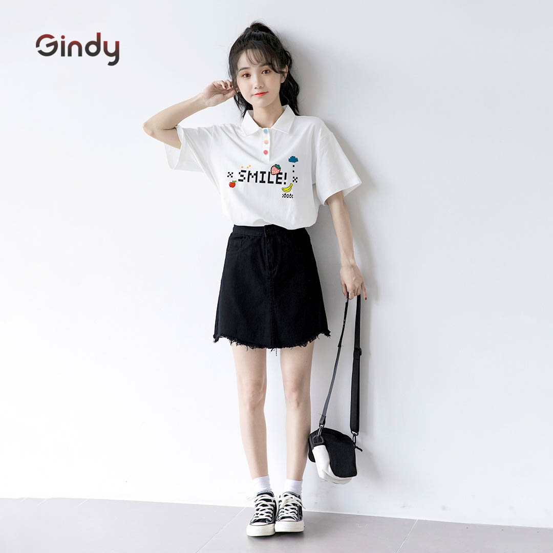 Áo thun phông nữ polo GINDY Smile cổ bẻ cotton tay lỡ phong cách unisex vải cotton thoáng mát A8108