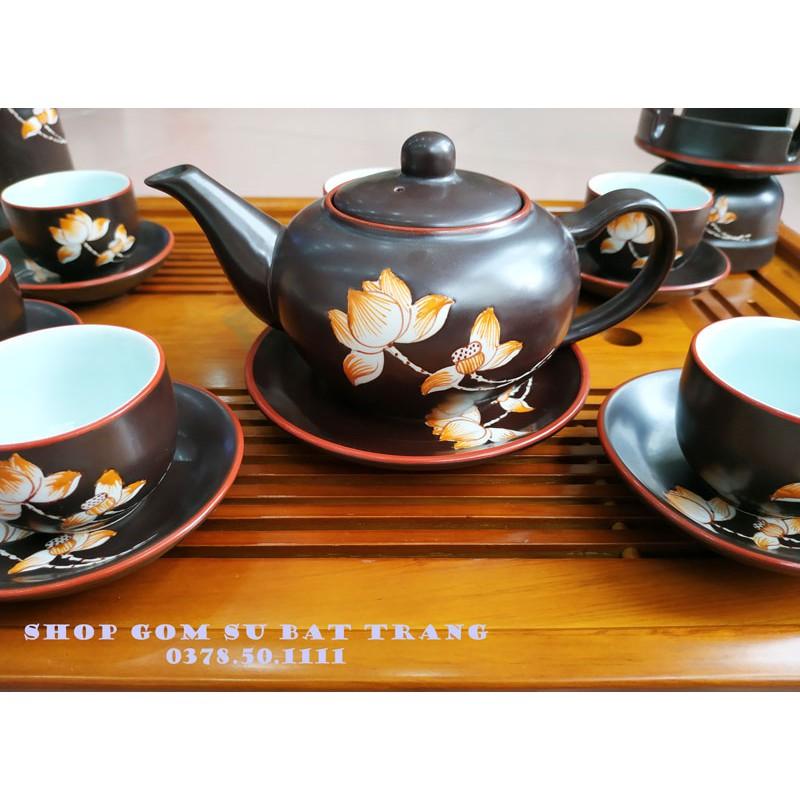 Bộ ấm trà men nâu vẽ hoa đào, hoa sen