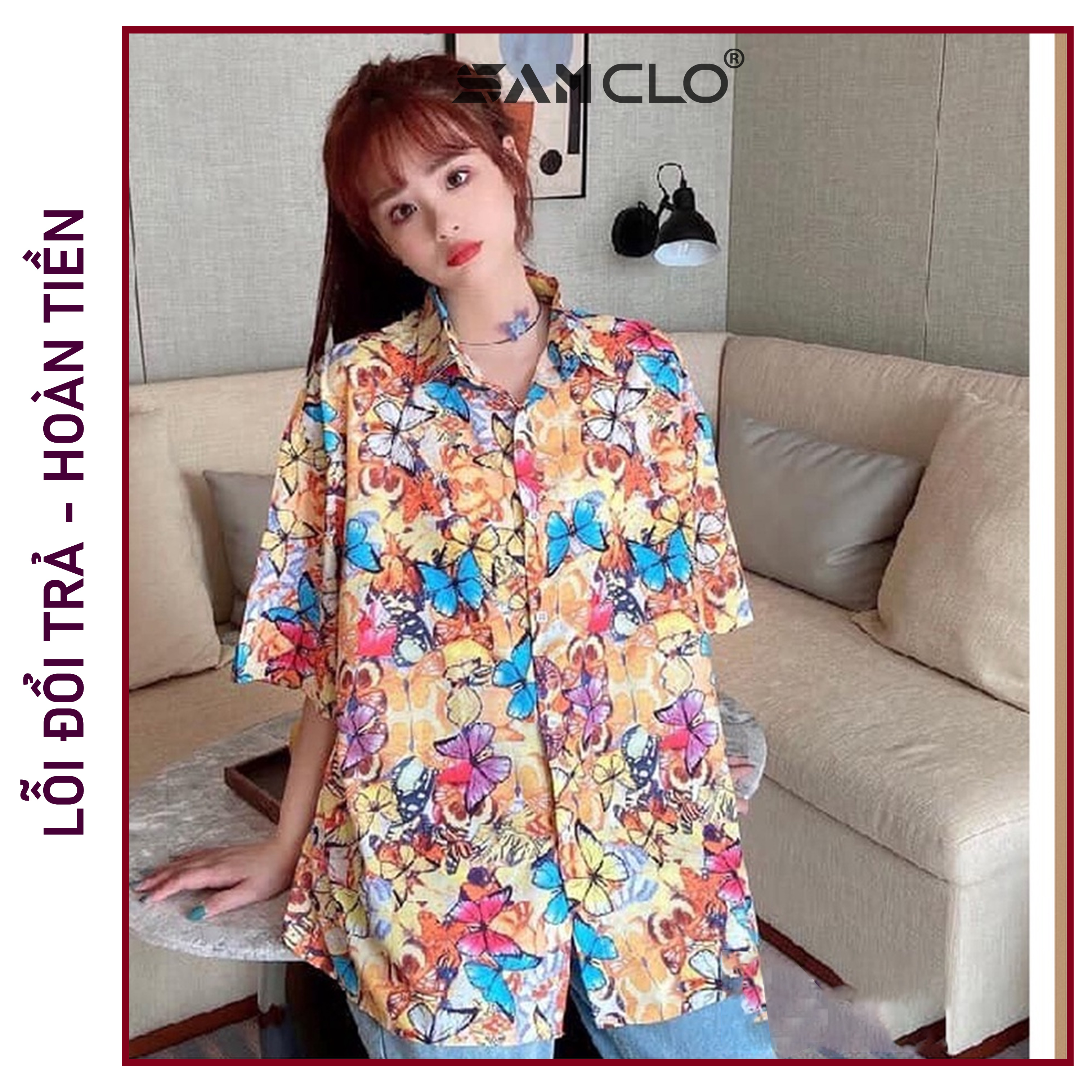Áo SƠ MI NỮ SAM CLO form rộng in 3D cổ bẻ tay ngắn - lỡ dáng ulzzang freesize unisex mặc cặp, nhóm in hình ĐÀN BƯỚM COLORFUL