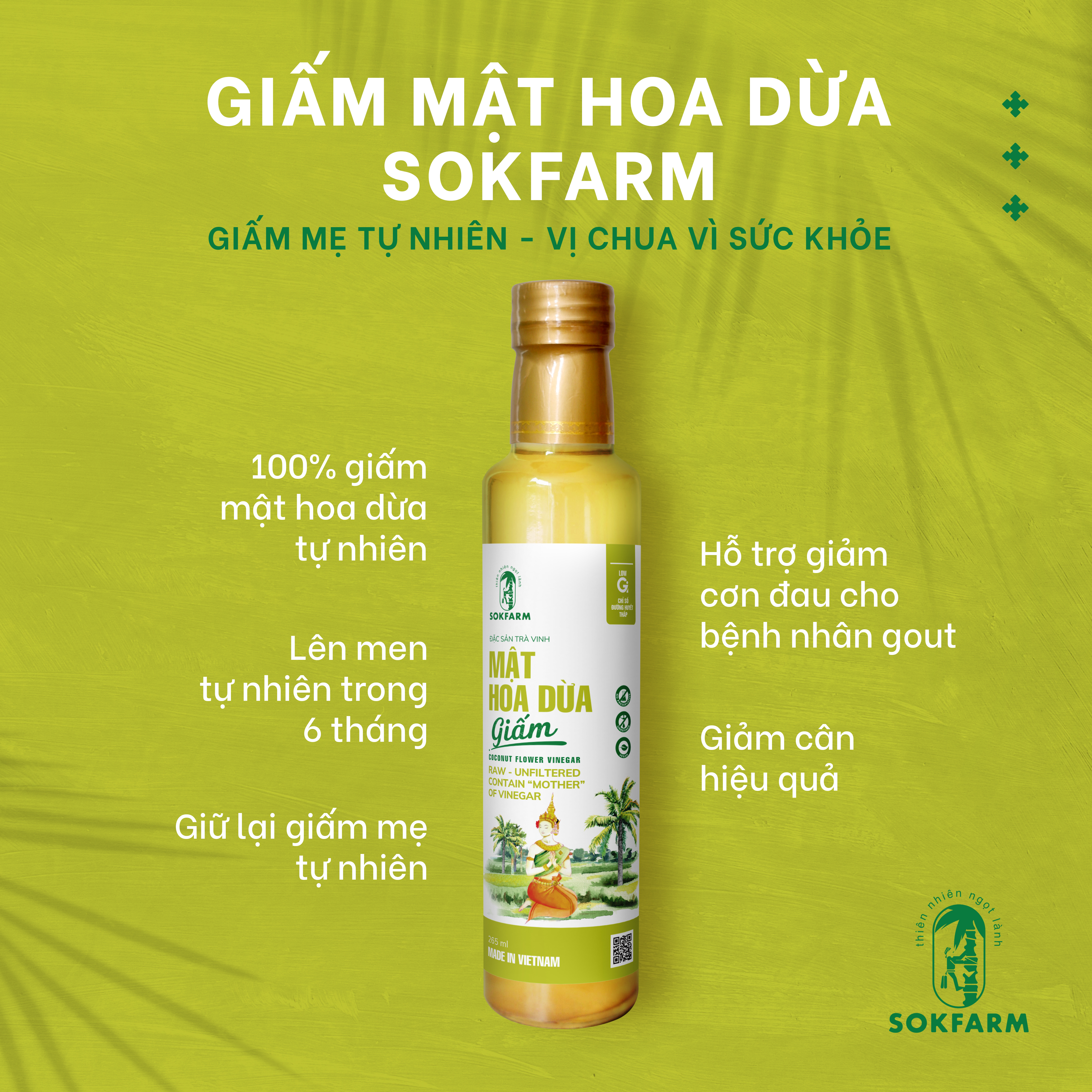 Dấm mật hoa dừa Sokfarm - 265ml - Bổ sung lợi khuẩn, kích thích tiêu hóa, hỗ trợ giảm đau cho người bị GUT, lên men tự nhiên trong vòng 6 tháng