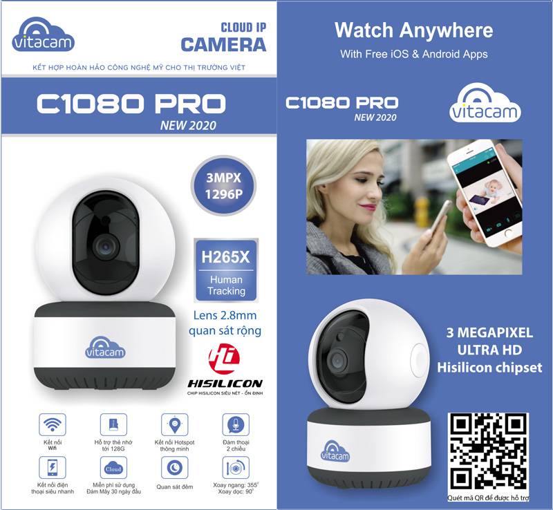 Camera  IP Wifi Thông Minh Vitacam C1080 Pro 3.0Mpx Công Nghệ Ai - Xoay 360 Độ - Hàng Chính Hãng