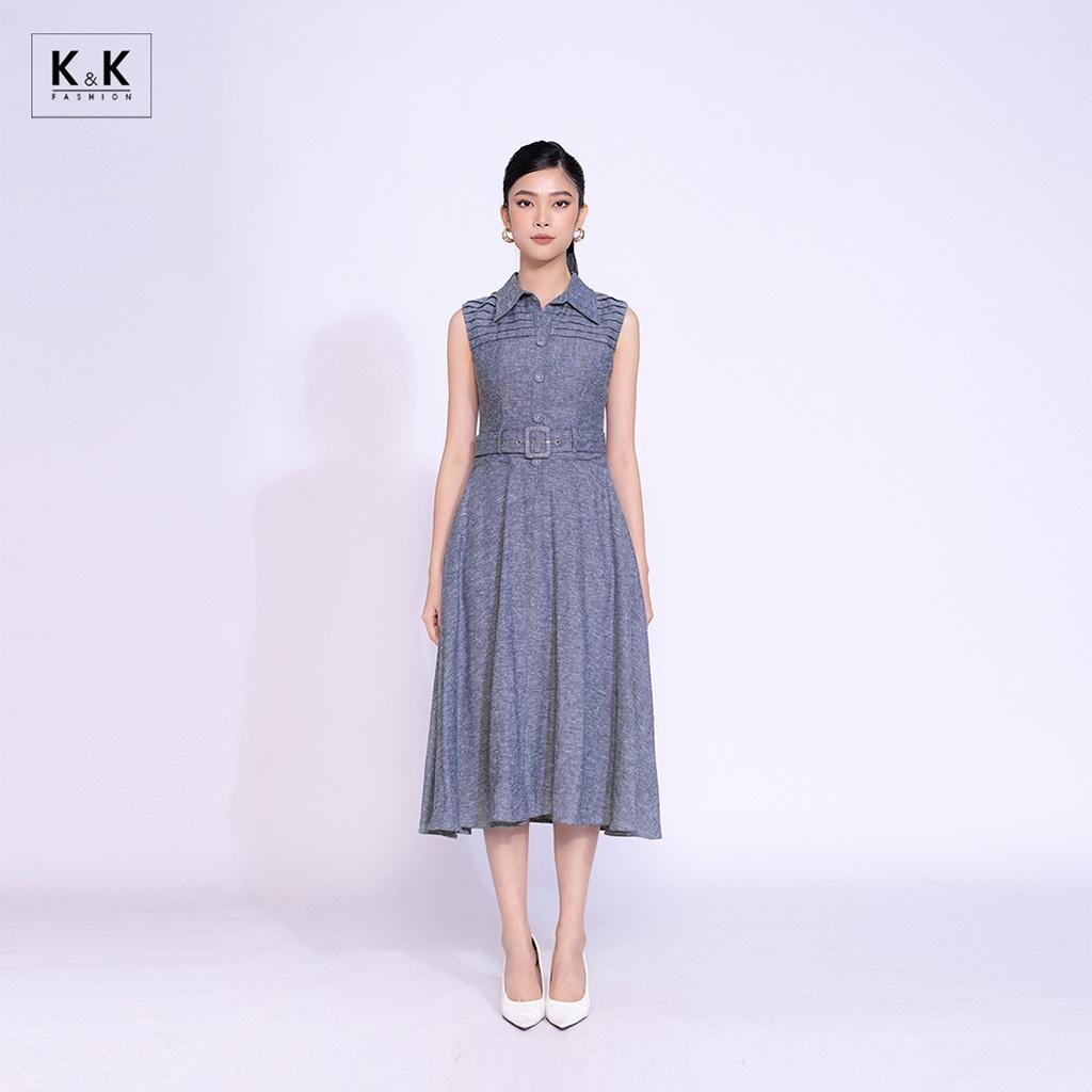 Đầm Sơ Mi Xòe Phối Thắt Lưng K&amp;K Fashion KK140-18 Chất Liệu Denim