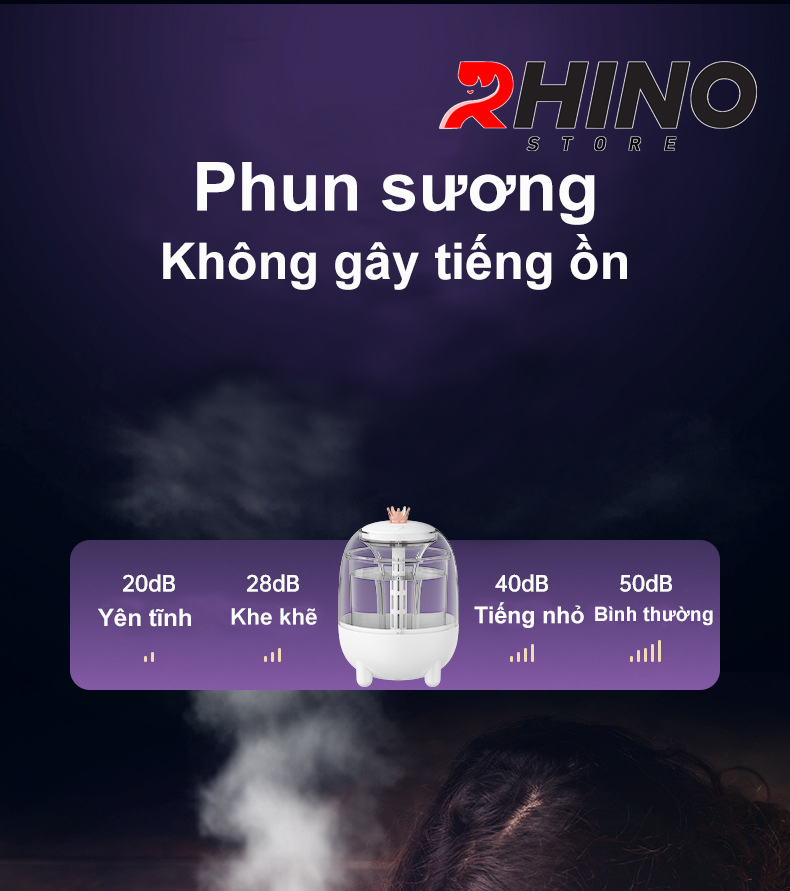 Máy phun sương xông tinh dầu tạo ẩm Rhino H105 dung tích 1000ml, không gây tiếng ồn, tích hợp đèn ngủ RGB nhiều màu