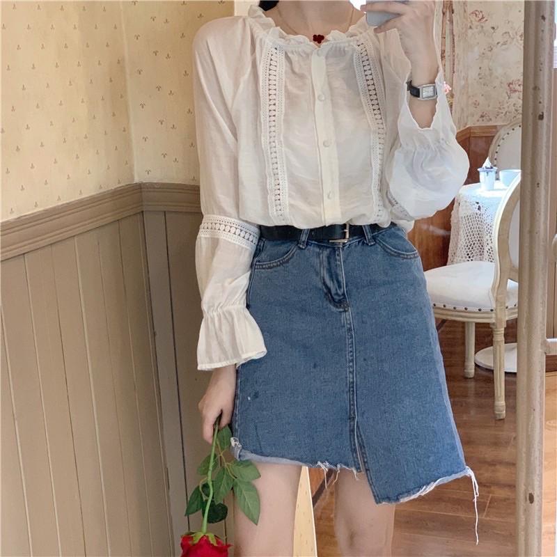 Áo Sơ Mi Nữ Tay Bồng Phối Viền Ren