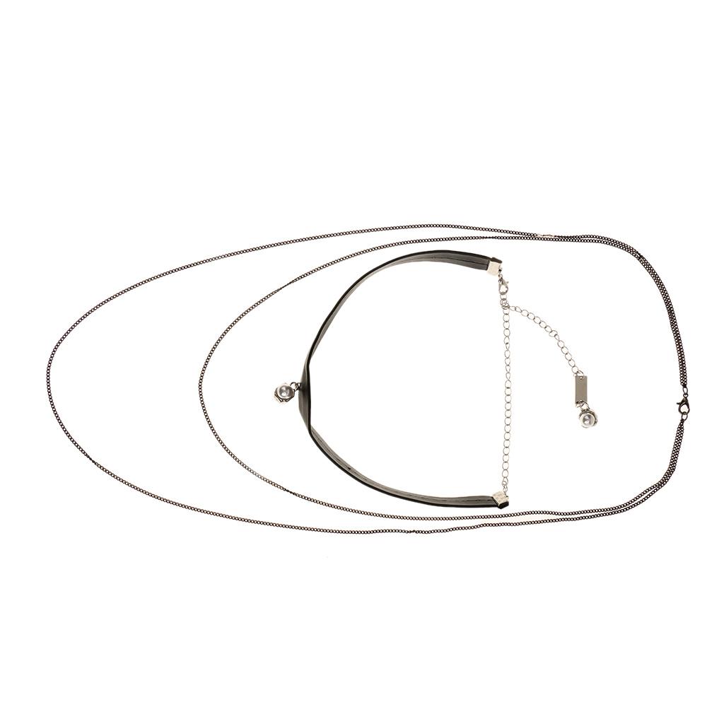 Simple Multilayer Chain Pearl Pendant PU Leather Choker Short Necklace Black