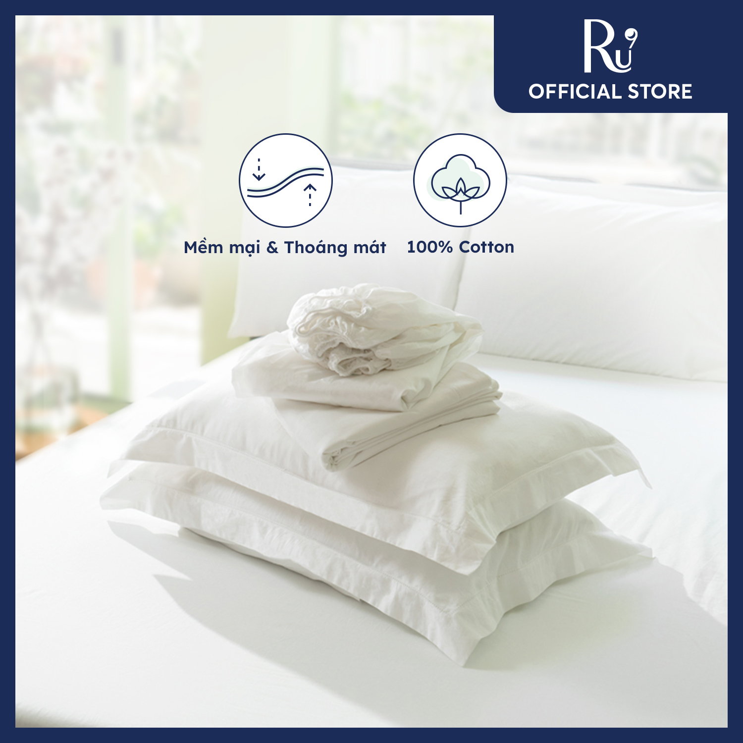 Bộ Ga Trải Giường Ru9 Cotton Sateen 100% Cotton Tự Nhiên - White with Flange