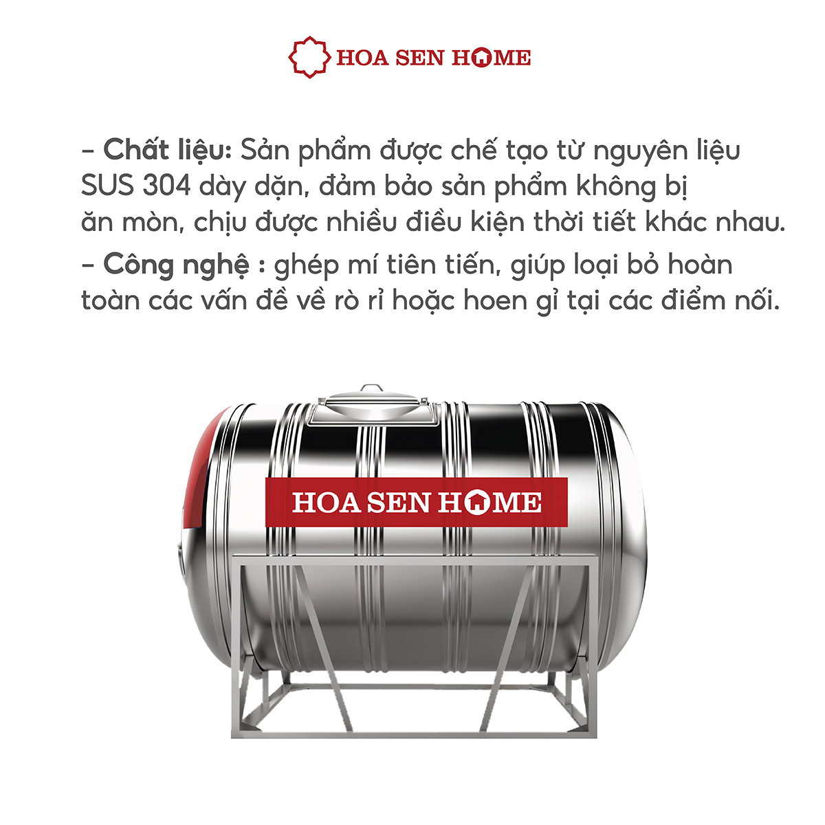 Bộ bồn nước INOX LUSWELL VNDAI ngang dung tích 4000-5000L, chất liệu Inox SUS 304 bền bỉ, công nghệ ghép mí chống rò rỉ - Hoa Sen Home - Hàng chính hãng - MIỄN PHÍ VẬN CHUYỂN