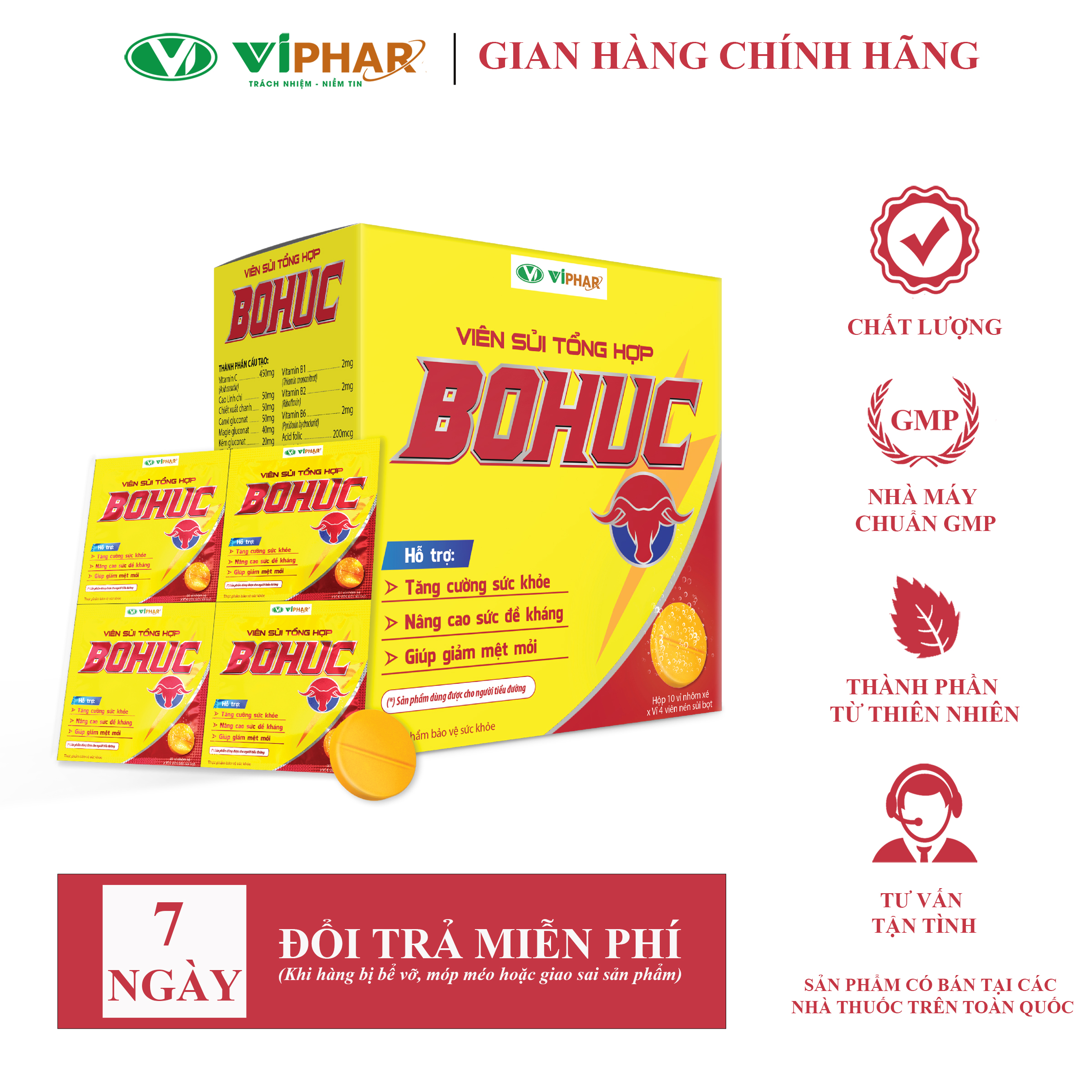 Viên Sủi Tăng Lực, Giảm Căng Thẳng Mệt Mỏi, Tăng Đề Kháng Dùng Được Cho Người Tiểu Đường BOHUC VIPHAR Hộp 40 Viên Vỉ Nhôm Bảo Quản An Toàn
