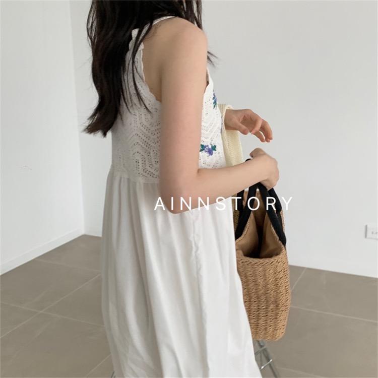 MS906 Váy đầm hai dây nữ đan móc thêu hoa xanh đi biển