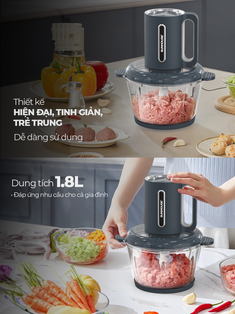 Máy xay thịt Sunhouse SHD5403 - Công suất 300W - Cối Thủy Tinh Dung tích 1.8L - 3 Tốc Độ - Lưỡi dao 4 cánh siêu khỏe - Hàng Chính Hãng