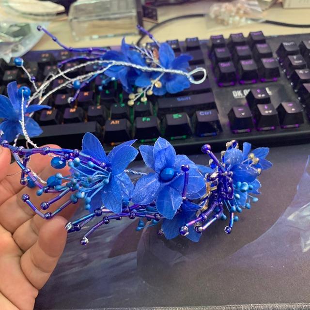 Cài tóc cô dâu hoa voan hạt trai xanh Bích