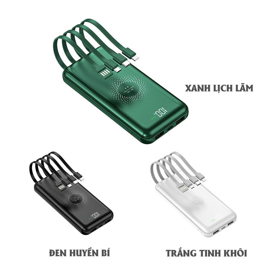 Pin sạc dự phòng Tích hợp sạc không dây HXSJ 10000mAh, Hỗ trợ sạc nhanh cổng usb 2.1A Kèm sẵn 4 đầu sạc cho các dòng điện thoại - Hàng chính hãng