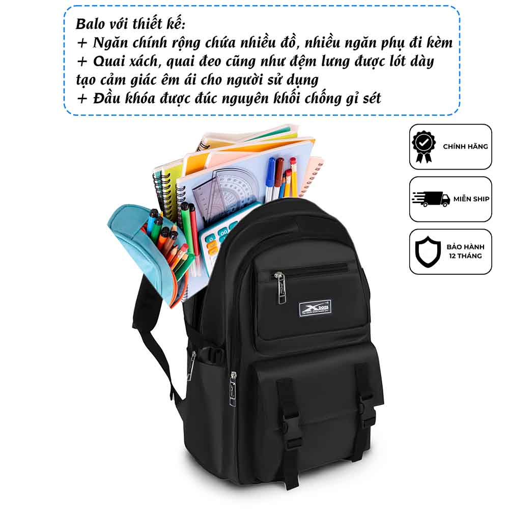 Balo Học Sinh Xbags Black Blue XB 3203 - Balo Nam Nữ Đi Học, Có Ngăn Chứa Laptop, Trượt Nước!