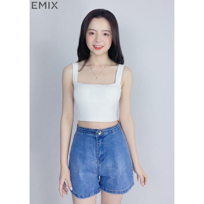 Áo croptop nữ 2 dây bản to EMIX (4 màu), dáng ngắn, cổ vuông, có mút lót, vải cotton co giãn, thấm hút tốt 6045