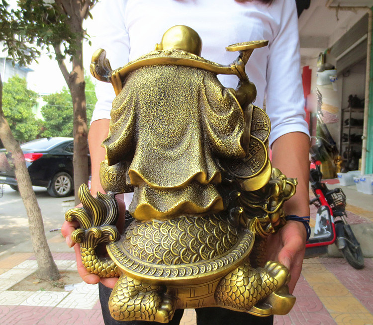 Tượng phật Di Lặc gánh tiền cưỡi long quy bằng đồng thau phong thủy