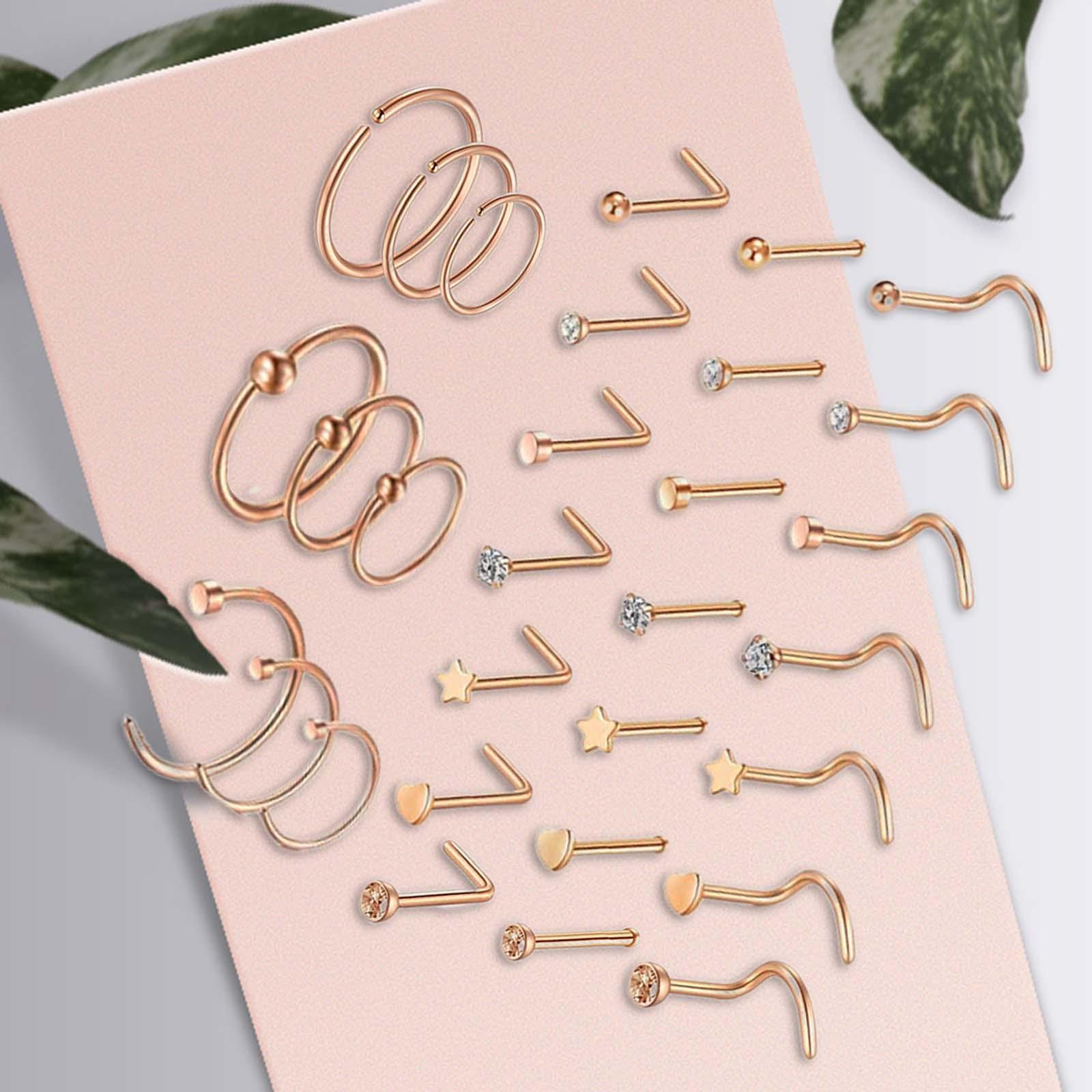 30Pcs Stainless Steel Stud Nose Ring L Shape Nose Piercing for Womens Mens