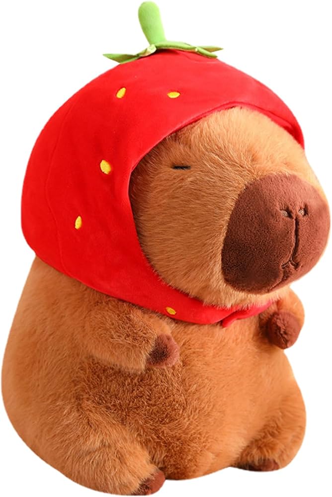 Thú nhồi bông capybara đội mũ dâu tây đáng yêu - Size từ 35cm đến 85cm - Quà tặng gấu bông capybara mang balô dâu tây trên lưng - Gối ôm chuột lang dễ thương cho bé