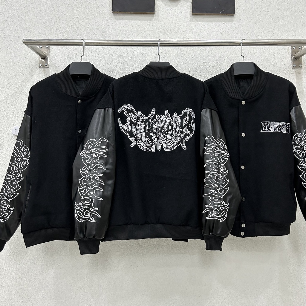 Áo khoác Bomber tay da Black Wide , varsity jacket nam nữ chất dạ 2 lớp , áo khoác bóng chày local brand unisex - Gin Store