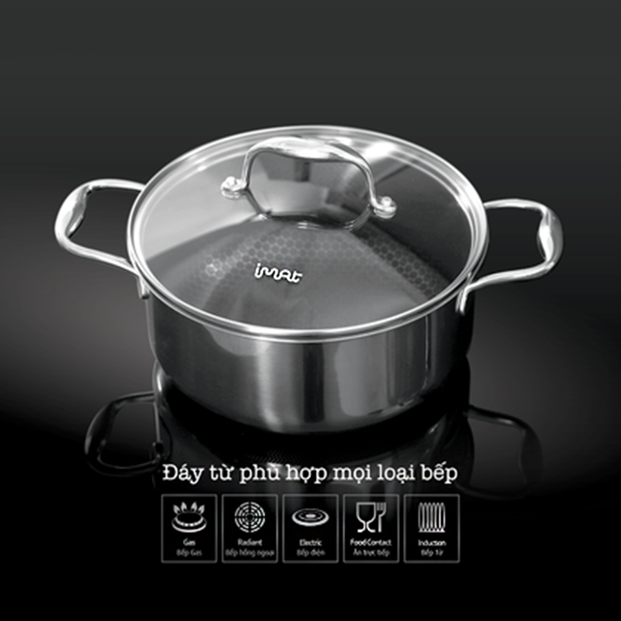 [Hàng chính hãng] Bộ 4 nồi chảo iNox iMat Blackcube. Gồm 02 nồi 16,22(cm), 01 chảo cạn 24cm, 01 chảo sâu 28cm, kèm xửng