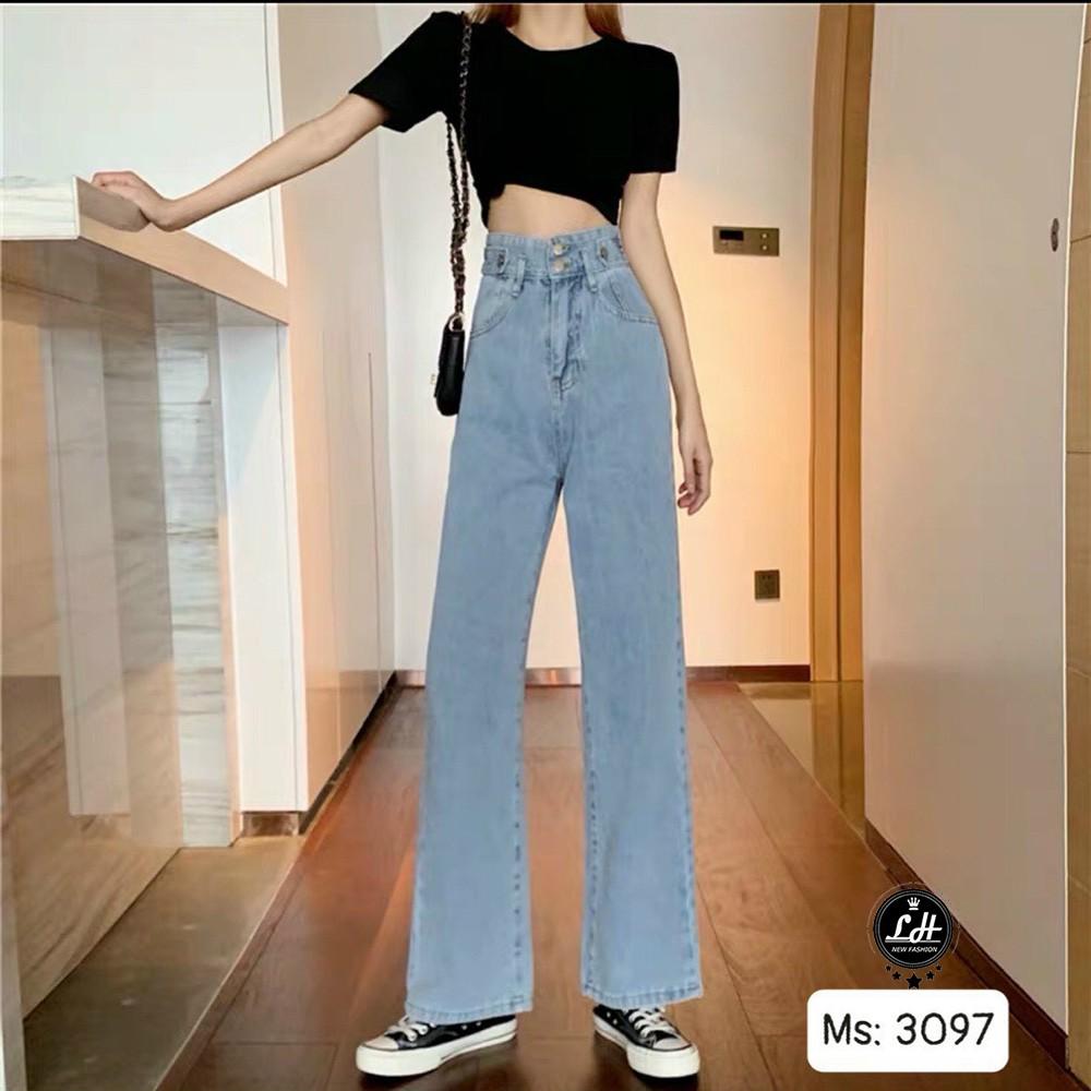 Quần jean ống rộng nữ Lê Huy Fashion cạp cao 2 nút màu xanh nhạt kiểu khuyên lưng MS 3097