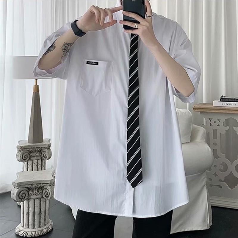 Áo Sơ Mi Tay Ngắn Dáng Rộng + Cà Vạt Có Thể Tháo Rời Cá Tính Thời Trang Dành Cho Nam