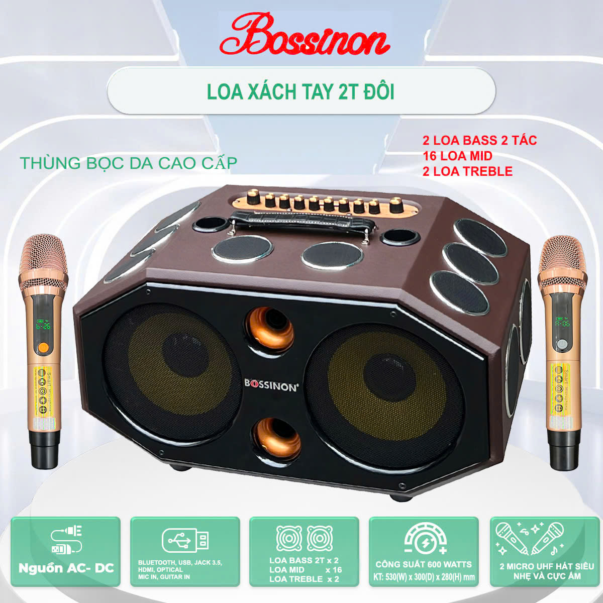 Loa kéo hát karaoke xách tay Bossinon N2294K - Công suất 600W- Hàng Chính Hãng