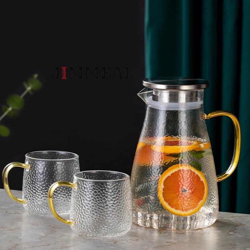 Bộ Bình Thủy Tinh Đựng Nước Chịu Nhiệt Nắp Inox 304 Vân Sần Phong Cách Nhật 1500ml