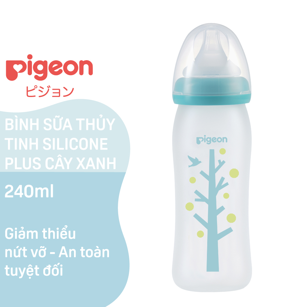 Bình Sữa Thủy Tinh Silicon Pigeon 240ml - Cây xanh - Dành Cho Bé 3 Tháng +