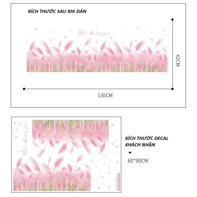Decal dán chân tường Cỏ bông lau hồng dễ thương đẹp mộng mơ